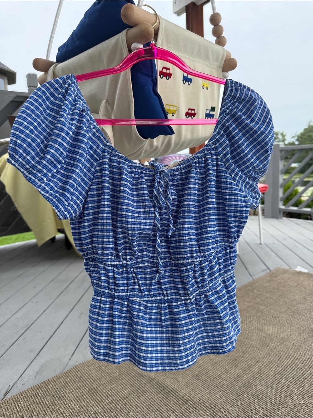 Women  Blue Plaid Peasant Top - Lightweight Summer Shirt size L by liberty love